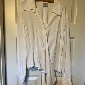 Elegant wrap round white blouse by Madeleine Europe in Large (US 10)